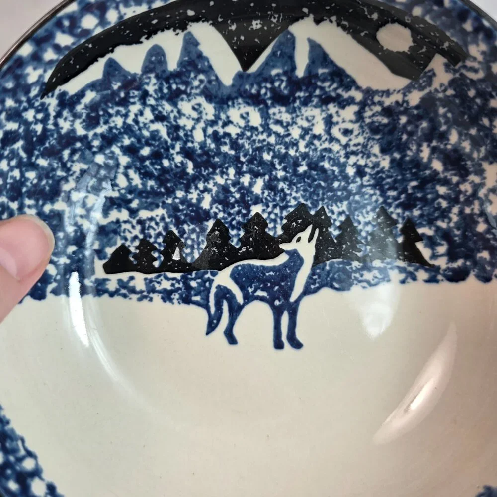 TWO Tienshan Folk Craft Wolf Coupe Cereal Bowls Blue Wolf & Sponge Rim